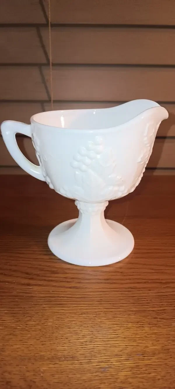 Indiana Glass~Colony Harvest Grape~Milk Glass~Footed Creamer~4”H~Vintage/1950’s